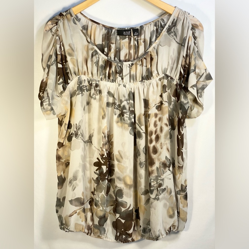 a.n.a. women’s XL sheer bluish-gray, beige, brown summer floral blouse